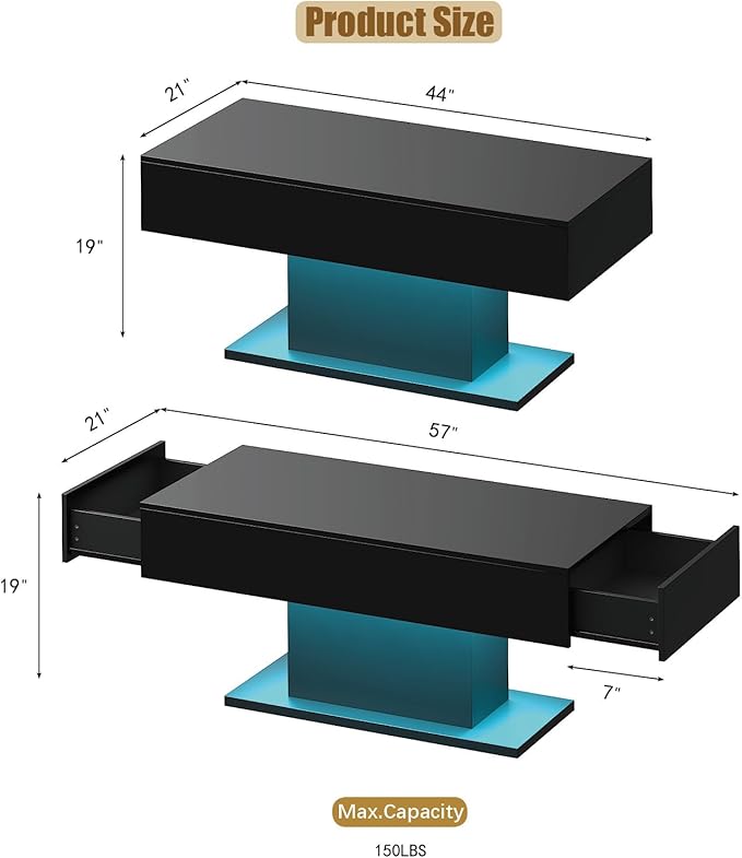 Black Led Coffee Table with 2 Storage Drawers for Living Room, Living Room Table Rectangular Center Table, Modern High Glossy Wooden Coffee Tables with Lights for Dining Reception Room