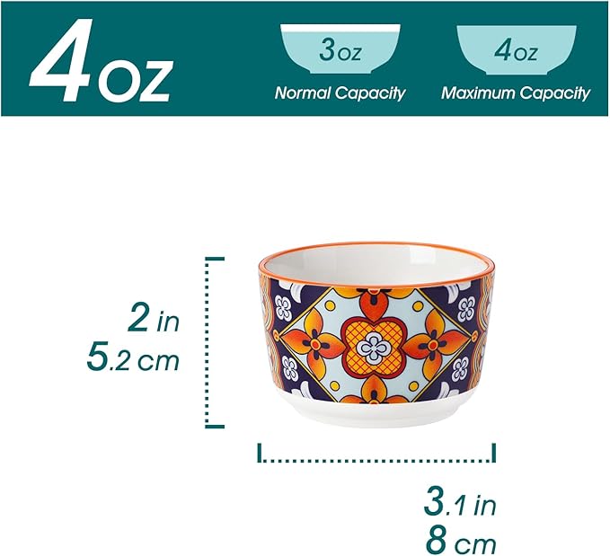 vancasso 4 Oz Ramekins Oven Safe Set of 6, Bohemian Creme Brulee Ramekins, Colorful Souffle Dishes, Pudding Custard Cups for Baking, Small Ceramic Bowls for Dipping Sauce, Ice Cream