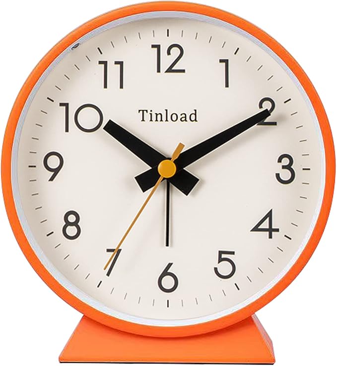 4.5" Battery Operated Antique Retro Analog Alarm Clock, Small Silent Bedside Desk Clock, Lighted on Demand, Battery Operated, Snooze, for Living Room, Bedroom, Bedside, Desk(Orange)