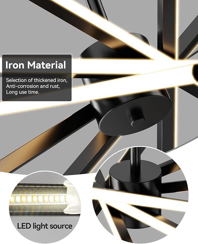 Modern Sputnik Chandelier Ceiling LED Black Pendant Light Embedded Mount Chandeliers Dining Room Light Fixtures Over Table Dimmable with Remote Control for Living Room Kitchen Bedroom (6-Light Black)