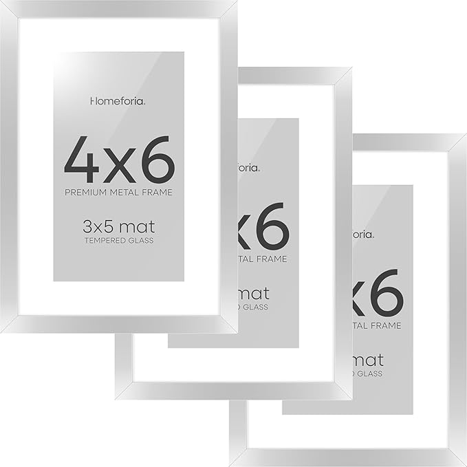 Homeforia 4x6 Picture Frame Silver, High End Metal 4 x 6 Silver Frames with Mat 3 x 5 Print, 4by6 Desk Frame Matted to 3x5 inch Photo, 4 by 6 Wall or Tabletop Frame, Tempered Glass, Wall Kit, Set of 3