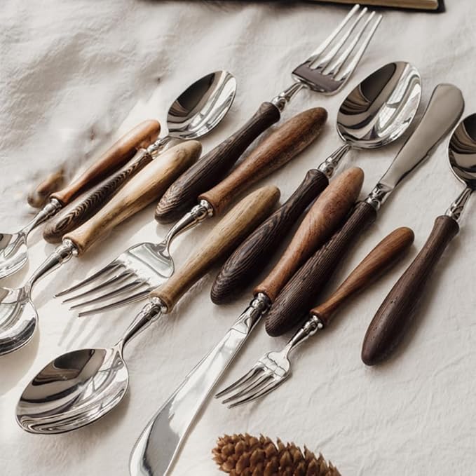 40 Piece Silverware Set Service for 8,Premium Wooden Handle Stainless Steel Flatware Set Home Include Fork Knife Spoon Set Gift Package for Christmas and Thanksgiving（Dark Brown）