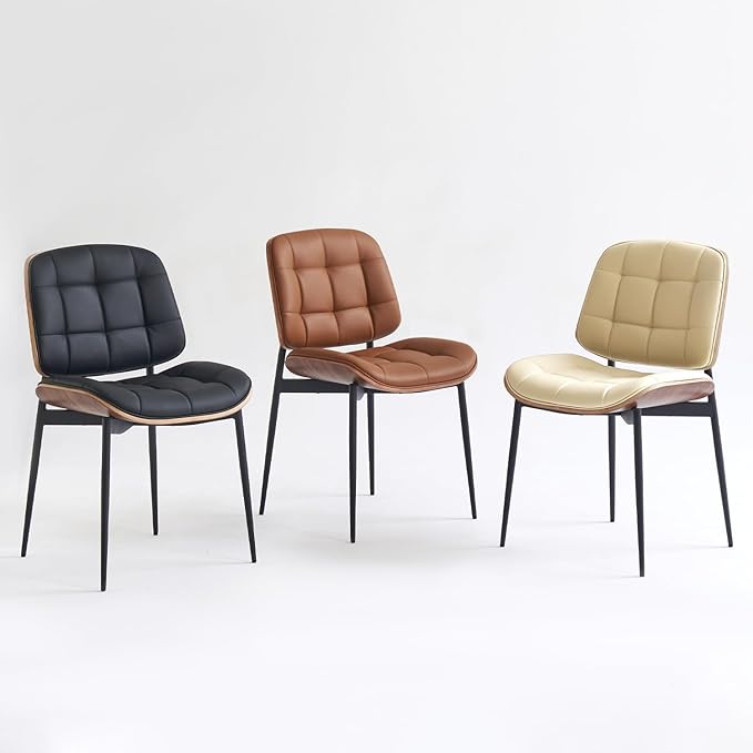 Mid Century Modern Dining Chairs with Walnut Grain Back, Black Faux Leather Dining Room Chairs Set of 2, Checkered Soft Cushion Kitchen Chairs with Adjustable Foot Pads