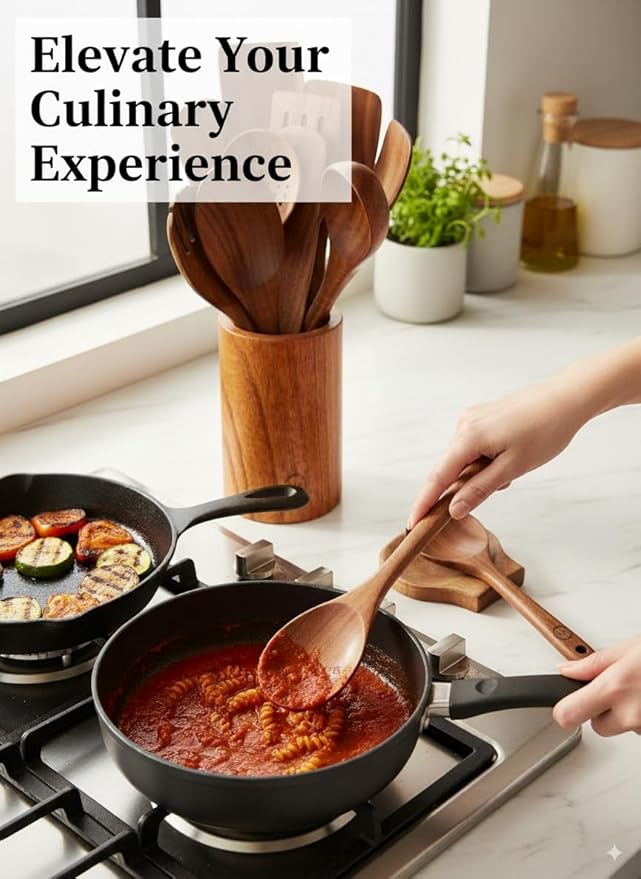 12-Piece Teak Wood Wooden Utensil Set with Spoon Holder & Rest – Non-Stick, Heat Resistant, Durable Cooking Tools – 100% Natural, Food-Safe & Eco-Friendly Kitchen Gadgets