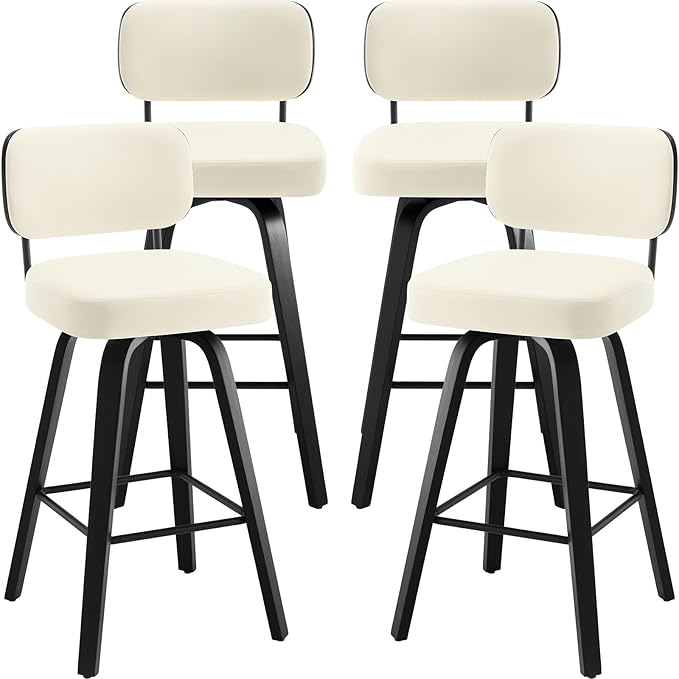 Swivel Bar Height Stools Set of 4, Upholstered Faux Leather Barstools with Back, 29" Seat Height Tall Bar Stools for Kitchen Counter, Black Wood Frame, Cream White