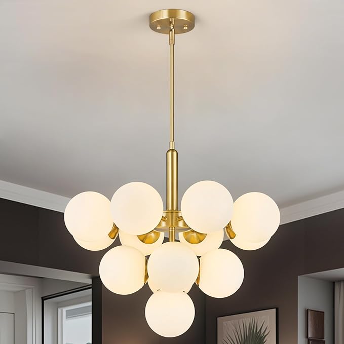 13 Lights Mid Century Modern Chandelier Gold Sputnik Chandelier Globe Pendant Lights with Milk White Glass Lampshade for Dining Room Living Room Foyer ‎‎Entryway