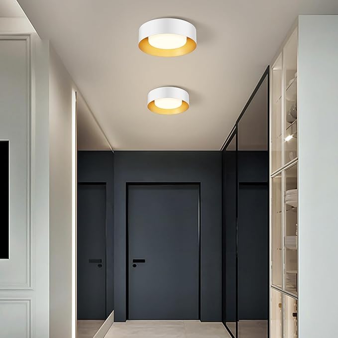 Modern Flush Mount Ceiling Lights,Minimalist 12.5IN Round Close to Ceiling Light Fixtures,White and Gold Metal Ceiling Lighting Lamp for Kitchen,Bedroom, Entryway,Hallway