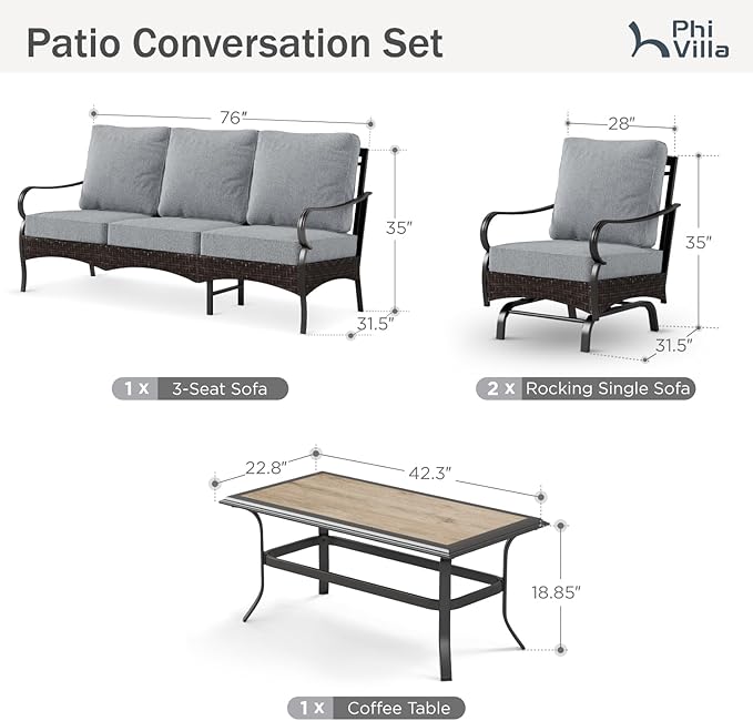 PHI VILLA Outdoor Modern Patio Furniture Set, Upgraded Wicker&Metal Patio Furniture Conversation Set with Waterproof Thick Cushions for Porch, Poolside, Deck, and Yard (4 Pieces,Grey)