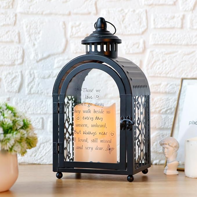 TRIROCKS Memorial Lantern 11'' High Walk Beside Us Remembrance Lantern With Automatic Timer LED Candle And Love Pattern Bereavement Sympathy Gifts For Funeral Memorial Service Loss of Loved One(Black)