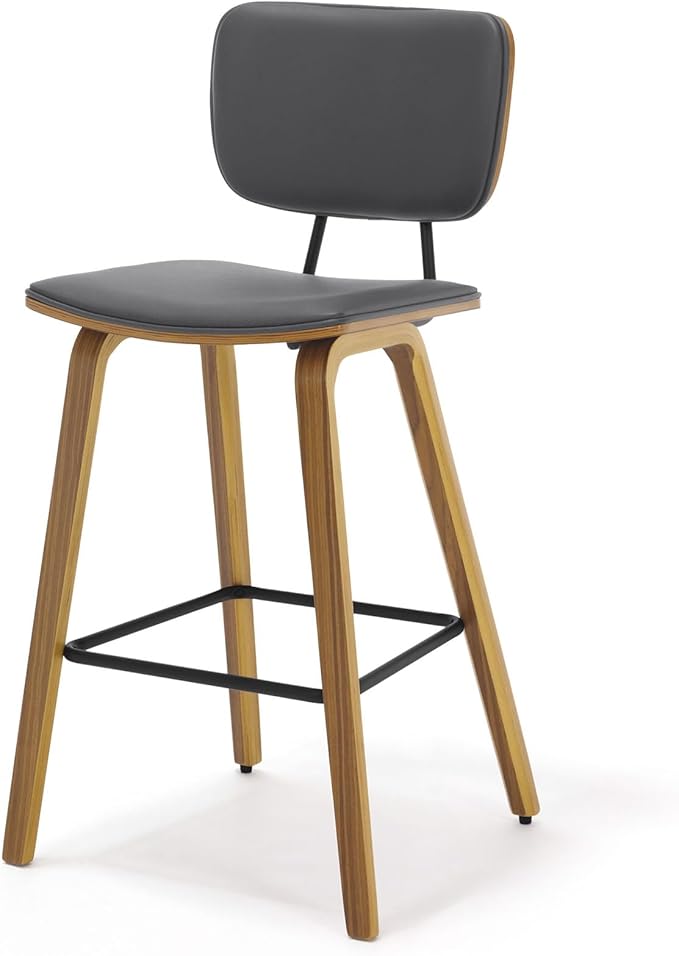 Counter Height Bar Stools, PU Leather Upholstered Barstools with Backs, Bent Wood Legs, 26 Inch Seat Height, Mid Century Modern Counter Stools for Kitchen Island, Grey