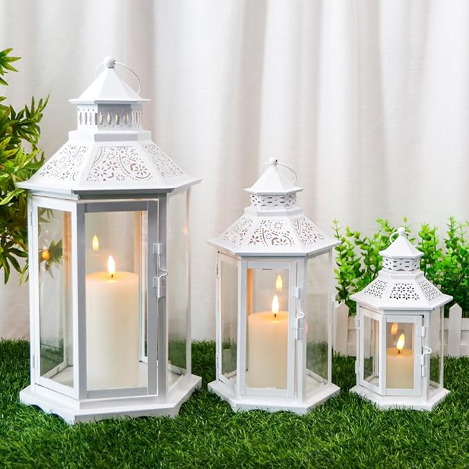 TRIROCKS Set of 3 Decorative Candle Lanterns18''&13"&10" H Hexagonal Candle Holder Vintage Metal Hanging Lantern with Tempered Glass for Garden Patio Wedding Event Indoors Outdoors(White)