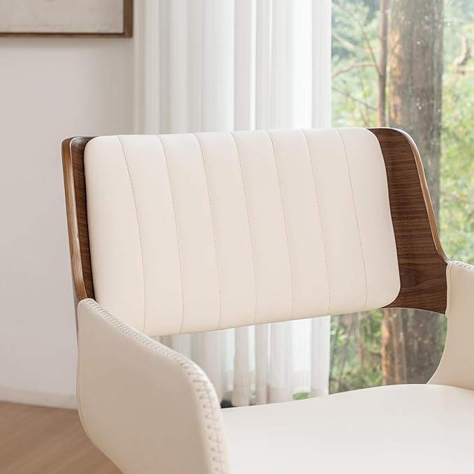 LUNLING Swivel Accent Faux Leather Dining Chairs Set of 2, Mid Century Modern Chairs with Wooden Legs/Armrest/Upholstered Seat/Adjustable Foots for Kitchen Dining Room Desk Chairs,Beige