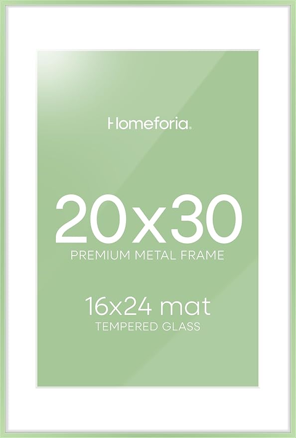 Homeforia 20x30 Frame Sage Green, High End Metal 20x30 Picture Frames with Mat 16x24 inch Photo, 20 x 30 Sage Green Poster Frame Matted to 16 by 24 Art, 30x20 Frame, Tempered Glass, Wall Kit, Set of 1