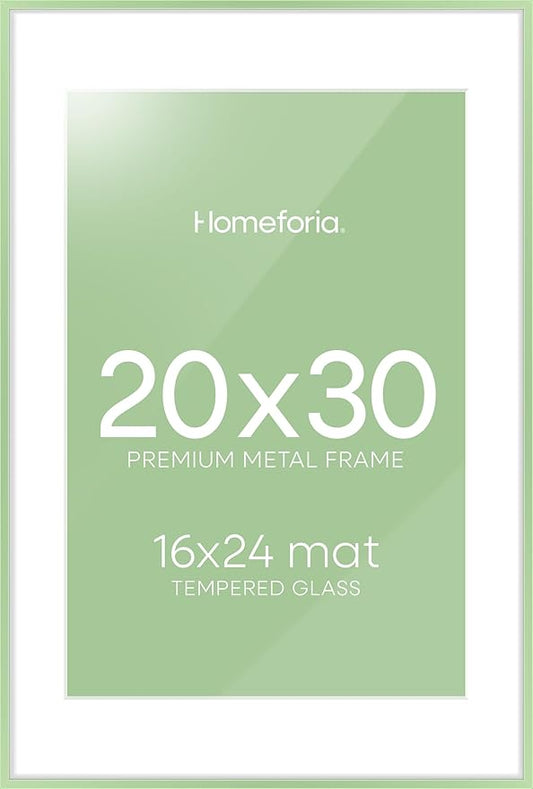 Homeforia 20x30 Frame Sage Green, High End Metal 20x30 Picture Frames with Mat 16x24 inch Photo, 20 x 30 Sage Green Poster Frame Matted to 16 by 24 Art, 30x20 Frame, Tempered Glass, Wall Kit, Set of 1