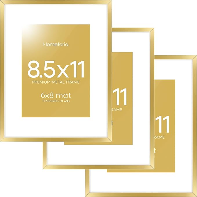 Homeforia 8.5 by 11 Picture Frame Gold, High End Metal 8.5x11 Poster Frames with Mat 6x8 Photo, 8.5 x 11 Frame Matted to 6 x 8 Print, 8.5by11 Wall or Tabletop Frame, Tempered Glass, Wall Kit, Set of 3