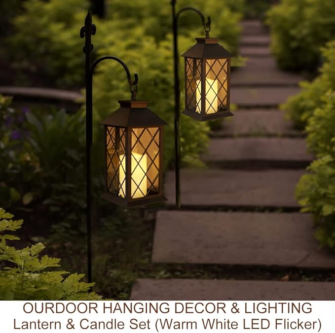Bright Zeal 2-Pack 13.5" Vintage Candle Lantern with LED Pillar Candle (Black, 6hr Timer) - IP44 Waterproof Battery Powered Decorative Light - Outdoor Patio Hanging Lantern Decorative Tabletop Light