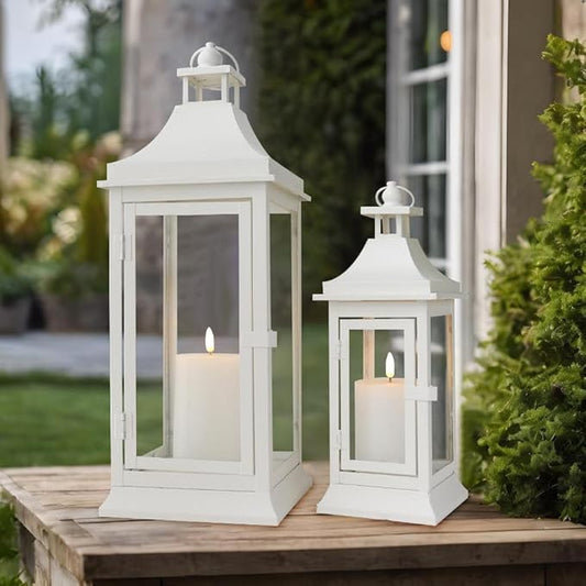 JHY DESIGN 19.5''&13''Tall Vintage Candle Lanterns Set of 2 Outdoor Hanging Tower Lantern Metal Candle Holder for Garden Living Room Indoor Outdoor Parties Weddings Balcony Patio