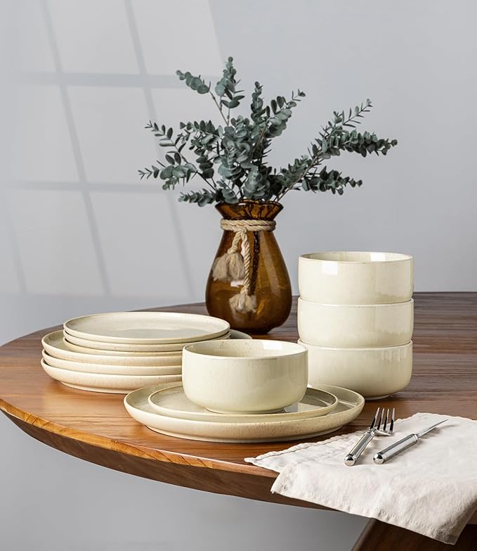 TheTerra Ceramic Dinnerware Sets for 4, 12 Pieces Handmade Reactive Glaze Plates and Bowls Set, Scratch Resistant Dish Set, Oven & Microwave & Dishwasher Safe