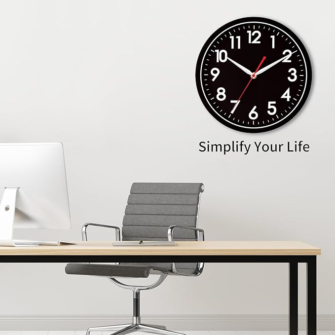 AKCISOT Wall ClockModern Black Silent Non Ticking Wall Clocks Battery Operated 10 Inch,Small Analog Classic Clock Decorative for Bedroom, Kitchen, Home Office, Bathroom, School, Living Room