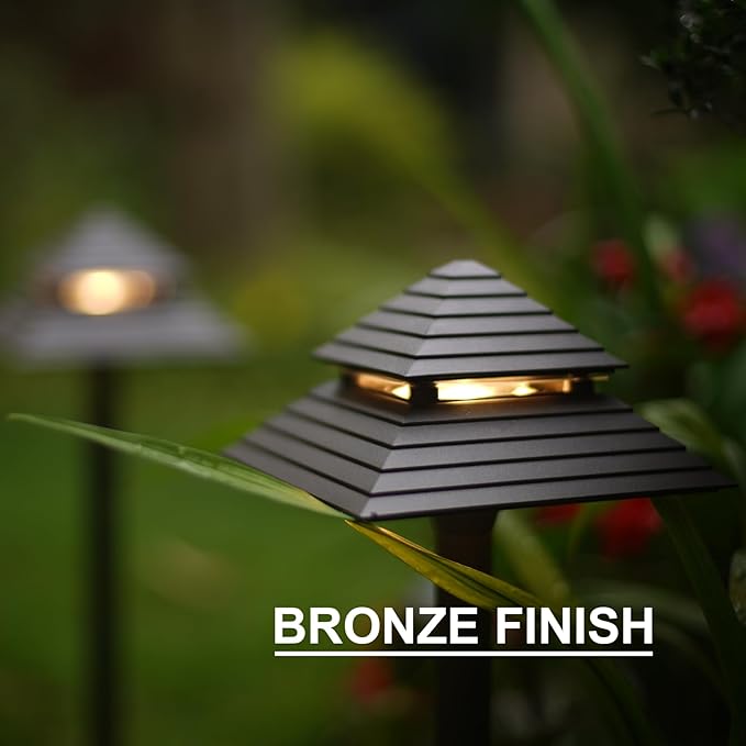 GOODSMANN Landscape Lighting 2PK Low Voltage Landscape 2-Tier Pagoda Path Lights 3W 180 Lumen LED 12V AC Weatherproof for Outdoor Die-Cast Body and Metal Spike with Bronze Finish 9121-21505-02A