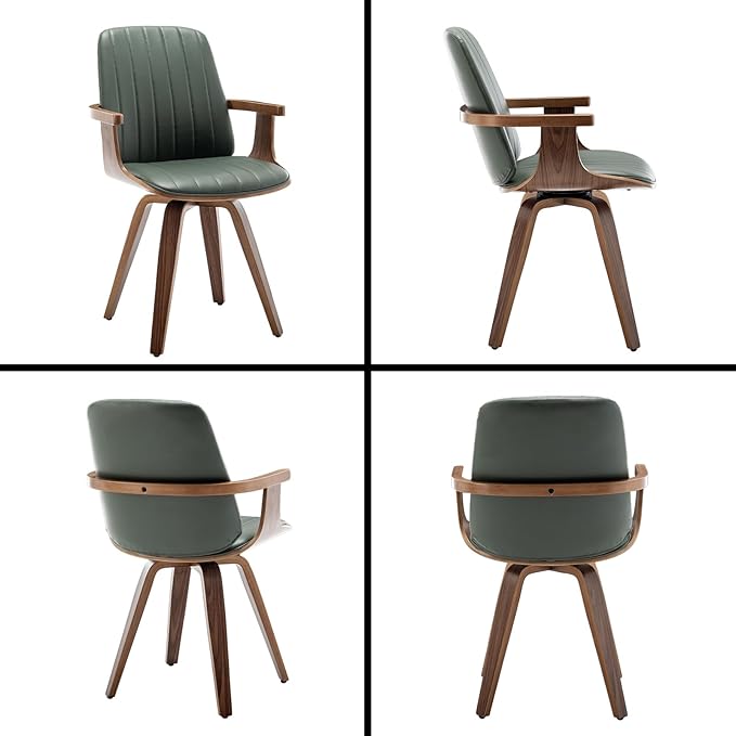 MCM Dining Chairs, Set of 2 Faux Leather Dining Chairs with Walnut Craftsmanship, Upholstered Faux Leather, Wooden Arms and Legs, Green Leather Dining Chair for Kitchen/Living Room (Green, Swivel)