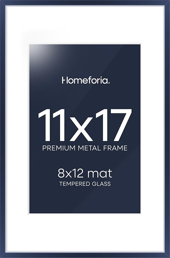 Homeforia 11x17 Picture Frame Navy Blue, High End Metal 11x17 Poster Frames with Mat 8x12 Photo, 11 x 17 Navy Blue Frames Matted to 8 by 12 Print, 17x11 Thin Frames, Tempered Glass, Wall Kit, Set of 1