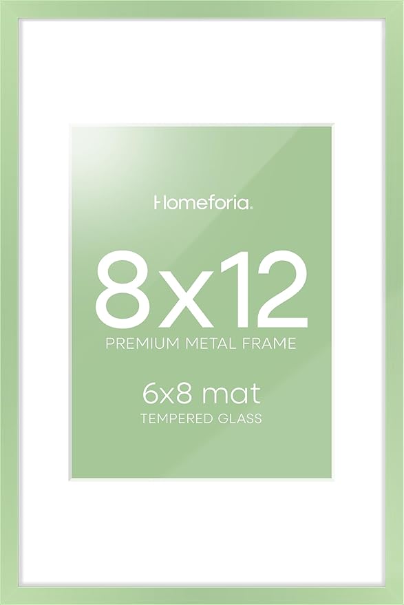 Homeforia 8x12 Picture Frame Sage Green, High End Metal 8 x 12 Poster Frames with Mat 6 by 8 Photo, 12x8 Frame Matted to 6x8 inch Art, 8by12 Wall or Tabletop Frames, Tempered Glass, Wall Kit, Set of 1
