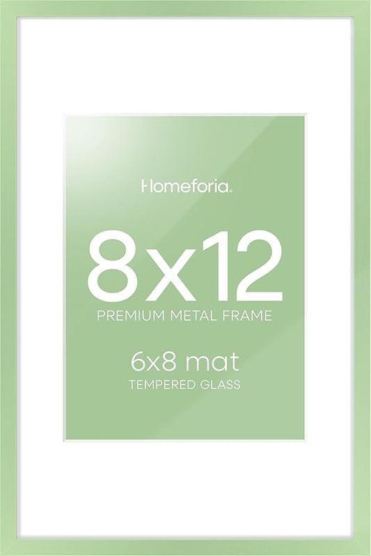 Homeforia 8x12 Picture Frame Sage Green, High End Metal 8 x 12 Poster Frames with Mat 6 by 8 Photo, 12x8 Frame Matted to 6x8 inch Art, 8by12 Wall or Tabletop Frames, Tempered Glass, Wall Kit, Set of 1