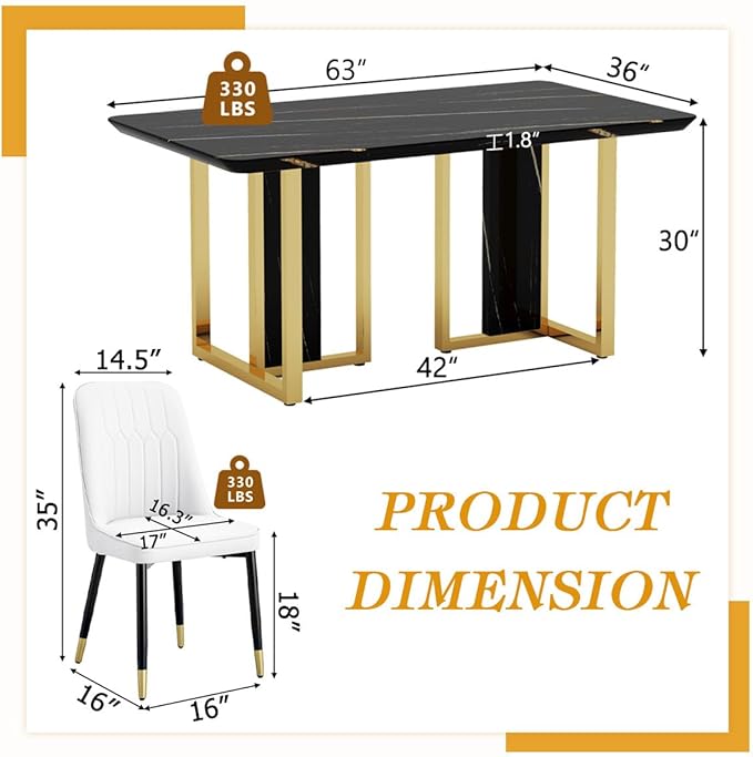 TesNus 63" Black Dining Table Set for 4 with Chairs,Modern Faux Marble Rectangular Kitchen Table and Chairs Set Luxury 5 Piece Dining Room Set with Gold Metal Legs,Easy Assemble,Stable Base