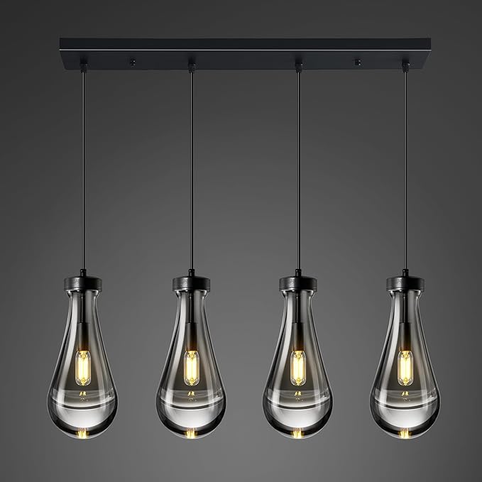 Raindrop Pendant Lights Kitchen Island Teardrop Black Hanging Light Fixtures Clear Solid Glass Pendant Light Modern Chandeliers for Dining Room Porch Corridor Living Room(Long Plate-4 Lights)