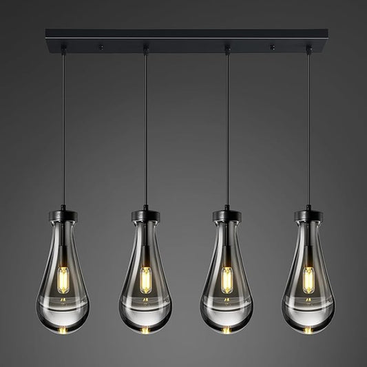 Raindrop Pendant Lights Kitchen Island Teardrop Black Hanging Light Fixtures Clear Solid Glass Pendant Light Modern Chandeliers for Dining Room Porch Corridor Living Room(Long Plate-4 Lights)
