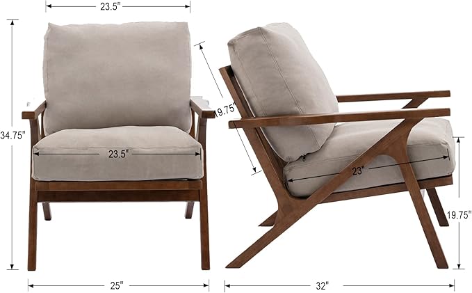 Wahson Set of 2 Mid Century Chair, Upholstered Accent Armchairs, with Wood Frame and Canvas Cushions, Leisure Slipper Chair for Living Room/Bedroom, Beige