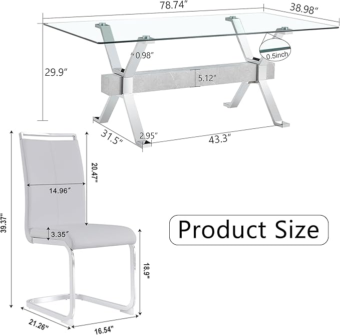 9 Piece Glass Dining Table Set, 79" Modern Dining Table Set for 8, 0.5" Thick Tempered Glass Tabletop with Silver Chrome Metal Legs and Grey Crossbar, 8 PU Chairs for Dining Room, Kitchen