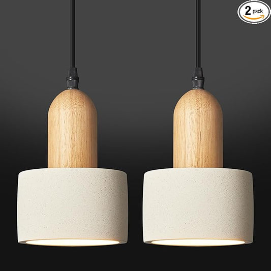 Modern Cement Pendant Lights White Chandelier Wooden Ceiling Lamps for Kitchen Island Bedroom Dining Room Living Room bar（2 Pack）