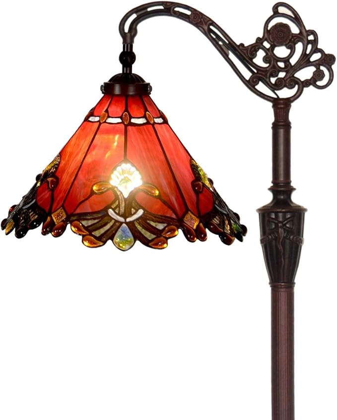 Bieye L10681 Baroque Tiffany Style Stained Glass Reading Floor Lamp with 13 Inch Wide Handmade Lampshade, Metal Base with Dark Brown Baking Finish, Red, 65 Inch Tall