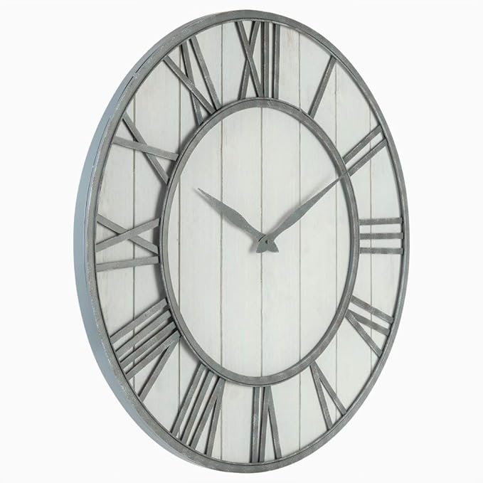 30-inch Farmhouse Metal & Solid Wood Noiseless Wall Clock (Whitewash, 30-inch)