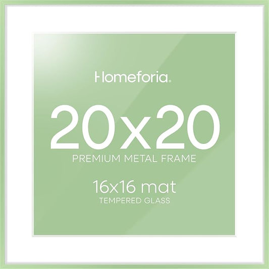 Homeforia 20x20 Picture Frame Sage Green, High End Metal 20 x 20 Square Poster Frames with Mat 16 x 16 Photo, 20x20 Frame Matted to 16x16 Art, 20by20 Hanging Frames, Tempered Glass, Wall Kit, Set of 1