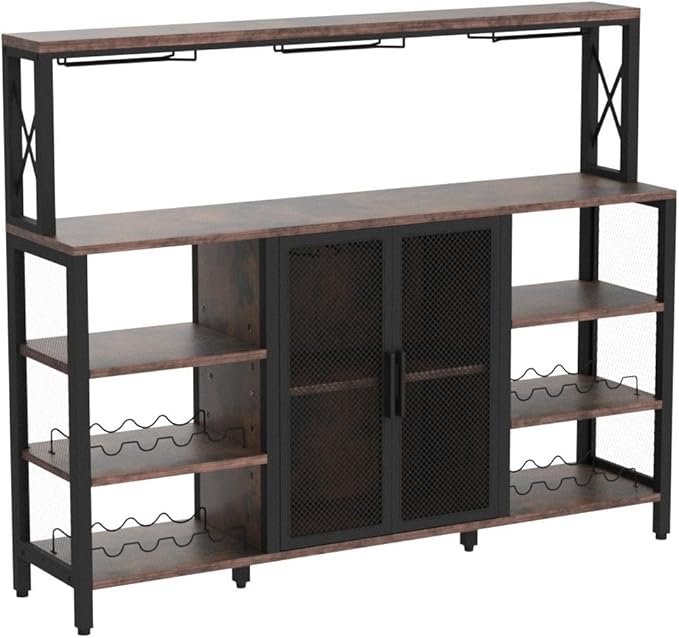 Bar Cabinet, 55 Inches Kitchen Sideboard Buffet Cabinet with Wine Rack Storage, Industry Coffee Bar Cabinet with Wine Rack and Glass Holder for Liquor and Glasses (Rustic)
