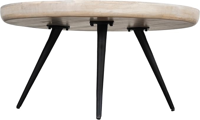 The Urban Port Urban Chic Coffee Table 30 Inch Round Tray Top, Handcrafted Mango Wood, Washed White and Black