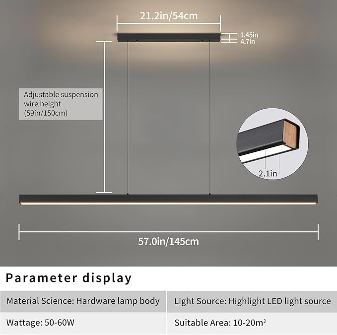 57" LED Linear Pendant Light Fixtures, 25W Dimmable Pool Table Light with Remote, Modern Island Lights for Kitchen Dining Room Living Room Office Bar, 3000k-6000k, Black