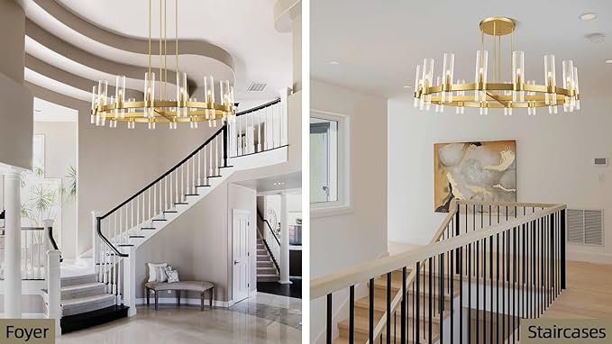 Modern 48" Gold Wagon Wheel Chandelier, Brass Round Chandeliers for Dining Room,16-Light Farmhouse Living Room Chandelier with Glass Tube for Bedroom,Staircase, Foyer, Entryway, Includes Bulbs