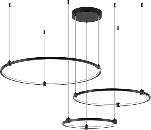 Modern Led Chandelier, 3-Rings Light Modern Led Pendant Light Black Dimmable Integrated Ceiling Hanging Pendant Lighting for Kitchen Island Dining Room Living Room Office 3000K 4000K 6000K