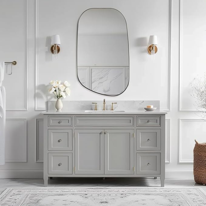 ANDY STAR 24"x40" Asymmetrical Wall Mirror，Brushed Nickel Irregular Bathroom Mirror with Stainless Steel Metal Frame, Wall-Mounted Mirror for Bathroom, Entryway (Horizontal/Vertical)