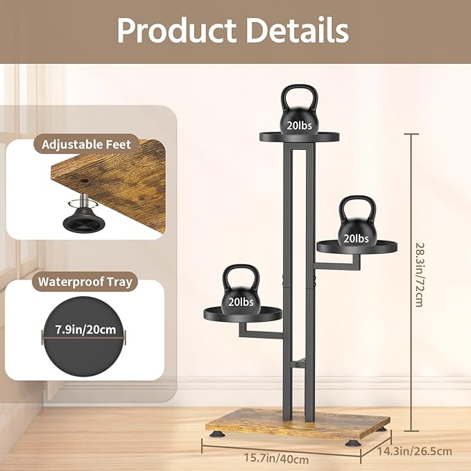 LASZOLA Black 3 Tiered Plant Stand Indoors Heavy Duty Metal Rack, Sturdy Multi Level Shleving Hold Flowers, Larger House Decorate Ladder for Planting Inside Tree Herb Cactus, Wooden Base, Space Saving