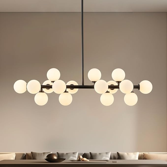 Glass Globe Sputnik Chandelier, 16-Light Mid Century Modern Light Fixture Over Table, Linear Chandeliers for Dining Room, Kitchen Island, Black and Milk White Bubble, 40 Inch, GC-02