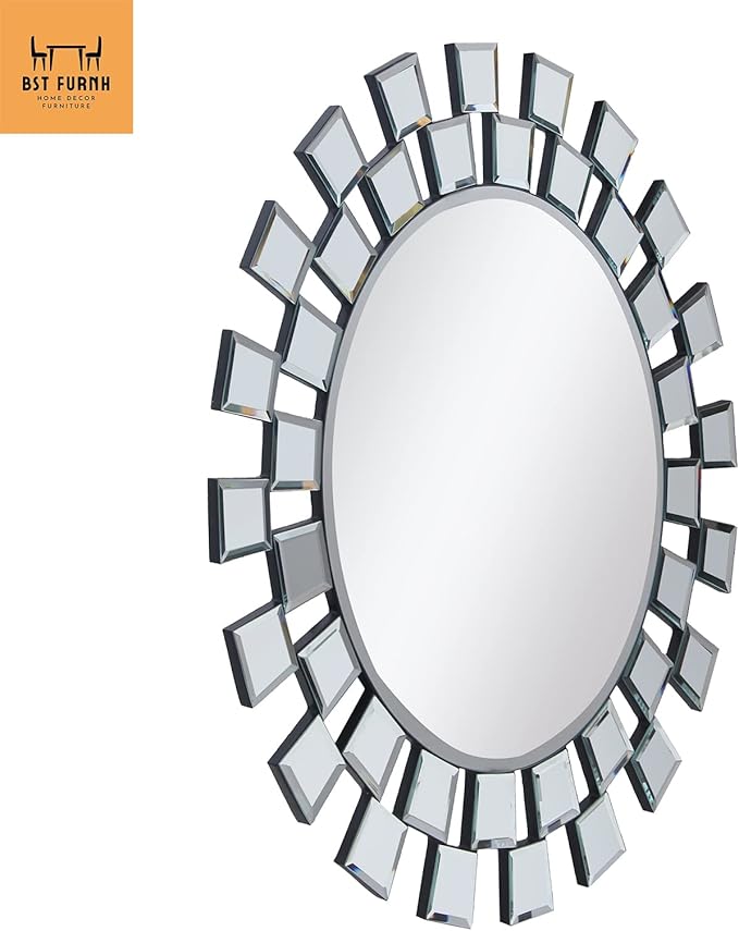 BST FURNH Sunburst Wall Mirror, 24 Inches Decorative Round Frameless Mirror for Living Room