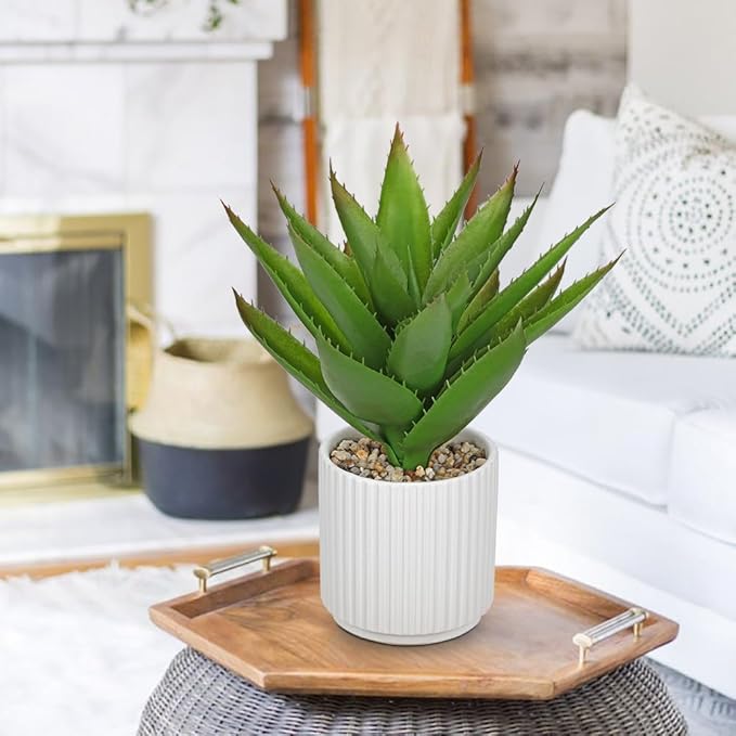 Hollyone Large Artificial Agave Plants 11.8“ Fake Succulents Potted Faux Aloe Vera Plant in White Pot Succulent Agave Plants for Desk Modern Office Living Room Table Shelf Home Indoor Outdoor Decor