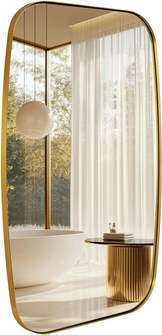 ANDY STAR Gold Mirror for Bathroom, 28x36 Inch Stainless Steel Metal Frame Oblong Bathroom Mirror for Vanity, 1’’ Deep Wall Mounted Vertically/Horizontal
