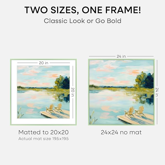 Homeforia 24x24 Picture Frame Sage Green, High End Metal 24 x 24 Large Square Poster Frames with Mat 20 by 20 inch Photo, 24by24 Thin Frames Matted to 20x20 for Art, Tempered Glass, Wall Kit, Set of 1