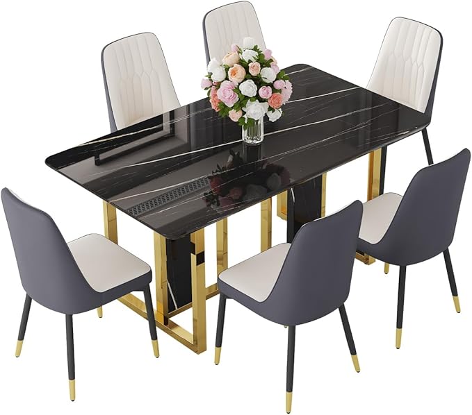 TesNus 63" Black Dining Table Set for 6 with Chairs,Modern Faux Marble Rectangular Kitchen Table and Chairs Set Luxury 7 Piece Dining Room Set with Gold Metal Legs,Easy Assemble,Stable Base